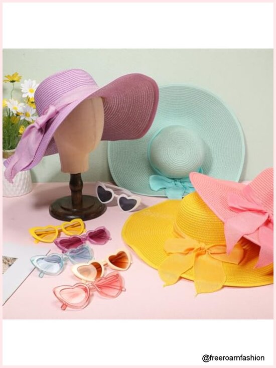 Set of 6 Floppy Sun Hats with 6 Heart Sunglasses, Wide Brim Straw with Bow,